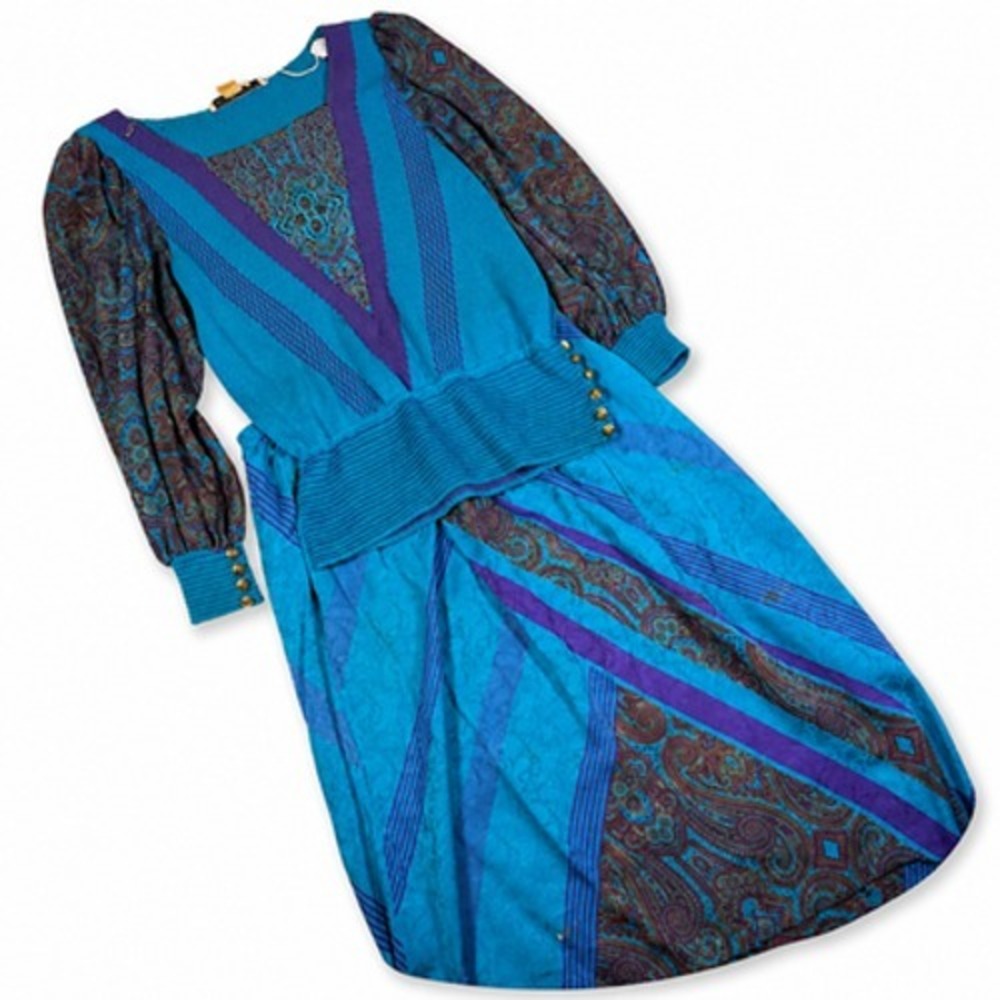 Vintage UNI Collections Anne Crimmins Sweater Dress Womens M Teal Paisley 80s